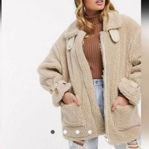 Missguided Borg Aviator Oversized Coat Jacket in Cream Faux Sherpa Size 12 - Picture 2 of 16